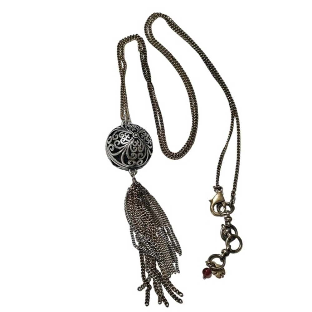Lucky Brand Silver Filigree Orb Tassel Long Pendant Necklace Mixed Metal Boho